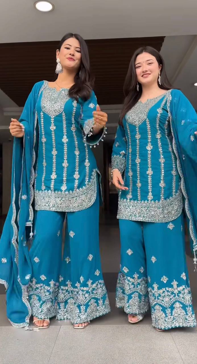 Royal Cerulean Silver-Embroidered Sharara Set